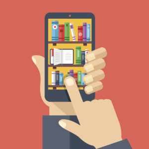 Bookshelves, books on smartphone screen. Online digital library. Flat illustration