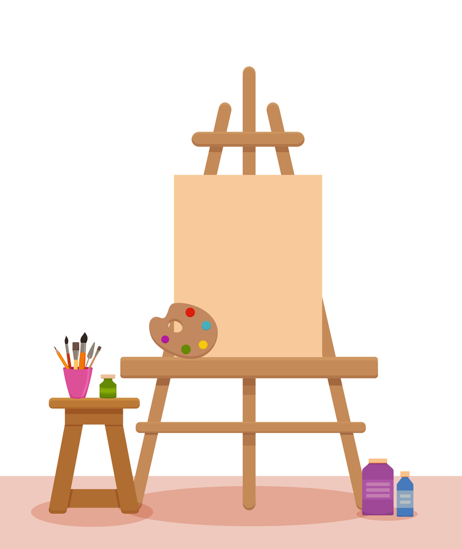 Easel for painting workshop. Paint artists workspace concept