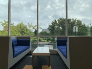 New floor to ceiling windows overlook Shain Park.