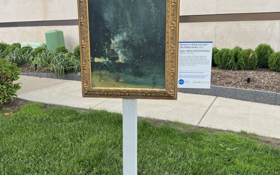 Photo of a replica of Nocturne in Black and Gold, the Falling Rocket, by James Abbot McNeil Whistler installed outside BPL