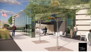 Image of library addition, cafe, ramp, and location of artwork