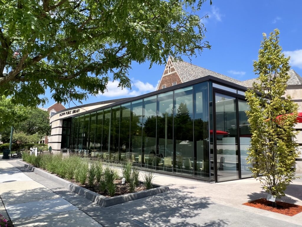 exterior view of atrium and gardens