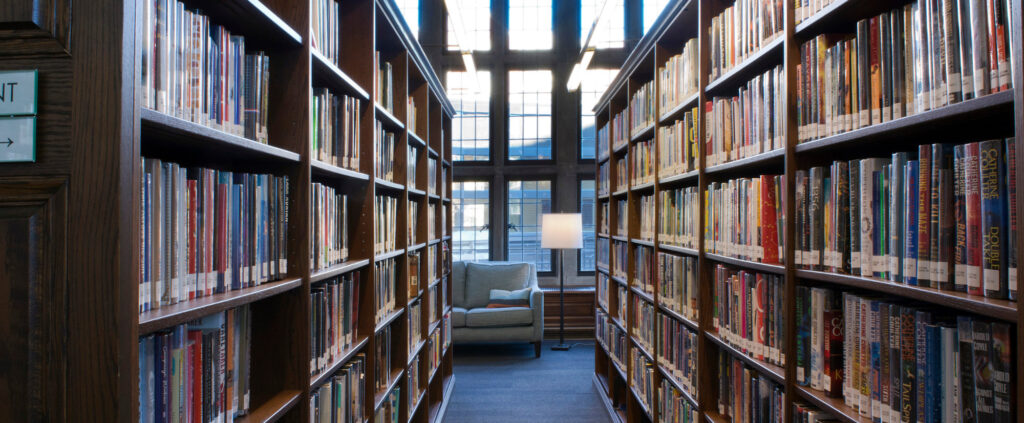 Books on shelves in Grand Hall