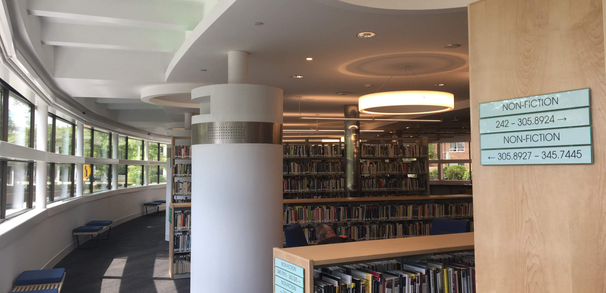 library windows and shelving in adult services wing
