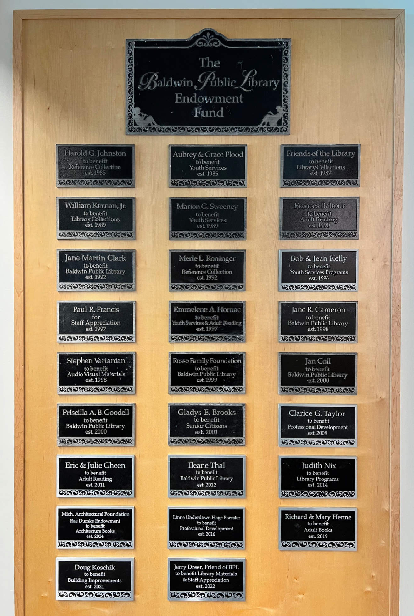 Baldwin's endowment fund donor wall