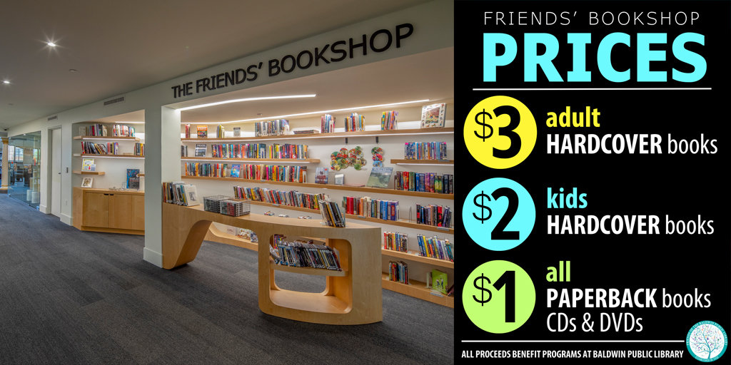 The Friends bookshop in the center gallery of the library with a list of suggested donations for purchasing items - $3 for Adult Hardcover, $2 for Kids Hardcover, $1 for Paperbacks, CDs and DVDs. All proceeds benefit the Library.