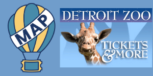 Hot air balloon with the word map on it. Giraffe with the words Detroit Zoo tickets and more.
