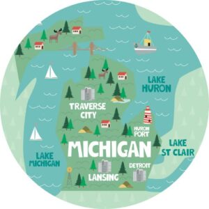 graphic of Michigan with pine trees a few city names and 3 great lakes