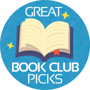 Graphic of open book on blue background with text Great Book Club Picks