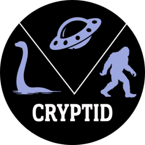 purple graphics of Loch Ness Monster, Big Foot and UFO on black background with text Cryptid